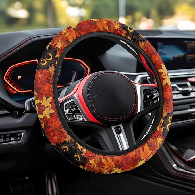 Maple Leaf Car Steering Wheel Cover Sweat Absorption Safe Driving | Fall Decor, Universal 14-15 inch Stretch-on Fabric, Keep Safe Steering Wheel Protector for Women