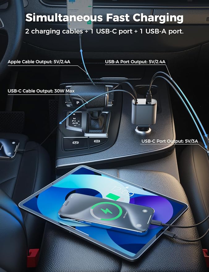 【Upgraded】 Retractable Car Charger 4 in 1, Fast Car Phone Charger with Cord 2.6ft, USB C and Apple Car Charger Adapter, Compatible with iPhone 17 16 15/15 Pro Max/14/13/12/11, Galaxy, Pixel