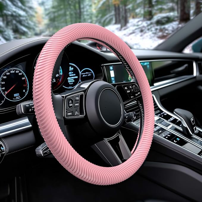 Car Steering Wheel Cover, Thin Anti-Skid Silicone Steering Wheel Cover for Men & Women, Universal Automotive Interior Accessories for Most Cars (Pink)