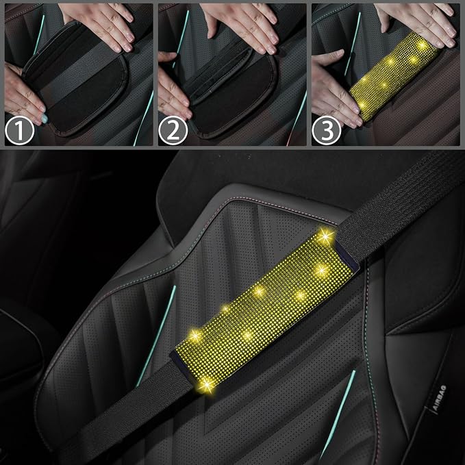 8 pcs Yellow Bling Car Accessories Set for Women, Steering Wheel Cover, Sparkly Seat Belt Covers, Bling Gear Shift Cover, Universal Fit Most Cars (Yellow Diamond)