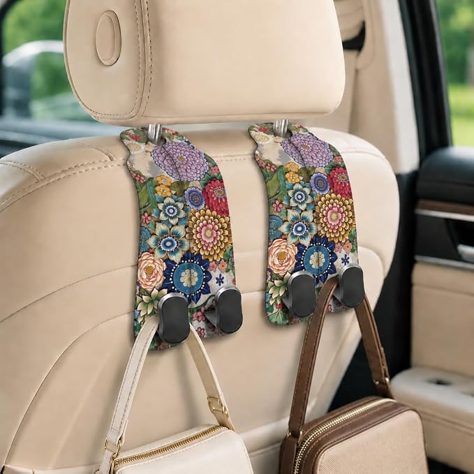 Cute Boho Floral Car Seat Back Storage Headrest Hooks for Purses & Bags – 2PCS PU Leather Dual Metal Hooks, Backseat Organizer Accessories