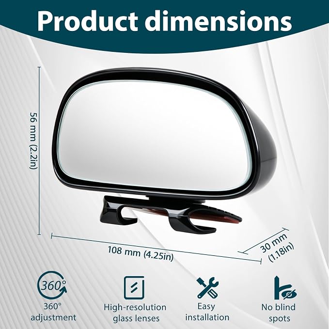 Blind Spot Mirror, HD Glass & ABS Housing, 360° Adjustable Convex Wide Angle Rear View Mirror, Stick-On Universal Fit for Car SUV Truck RV Van, Black (1, Capsule-shaped, Black Clip-on)