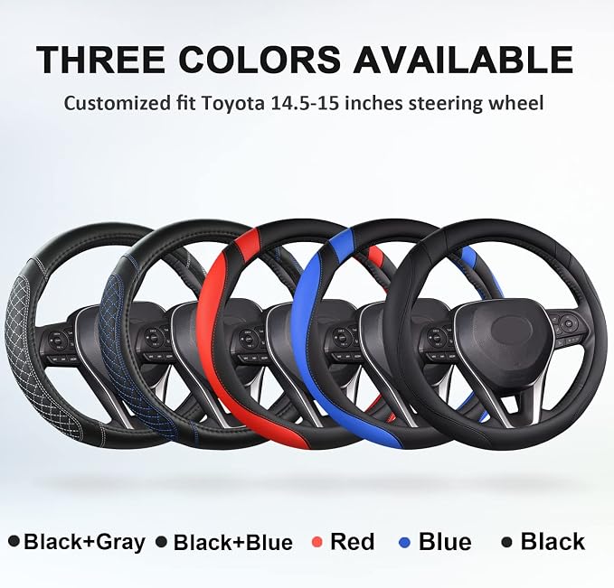 Customized Auto Car Steering Wheel Cover for Toyota Rav4 Corolla Camry Highlander(Diamond Quilted-Black+Blue-Standard Size)