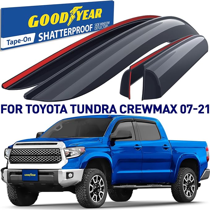 Goodyear Shatterproof Window Deflectors for Toyota Tundra 2007-2021 CrewMax, Tape-on Rain Guards, Window Visors, Vent Deflector Visor, Car Accessories, 4 pcs. - GY008625