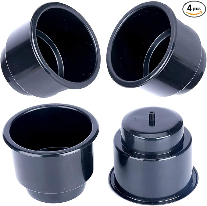 (Set of 4) Amarine-Made Black Recessed Drop in Plastic Cup Drink Can Holder with Drain for Boat Car Marine Rv - Black