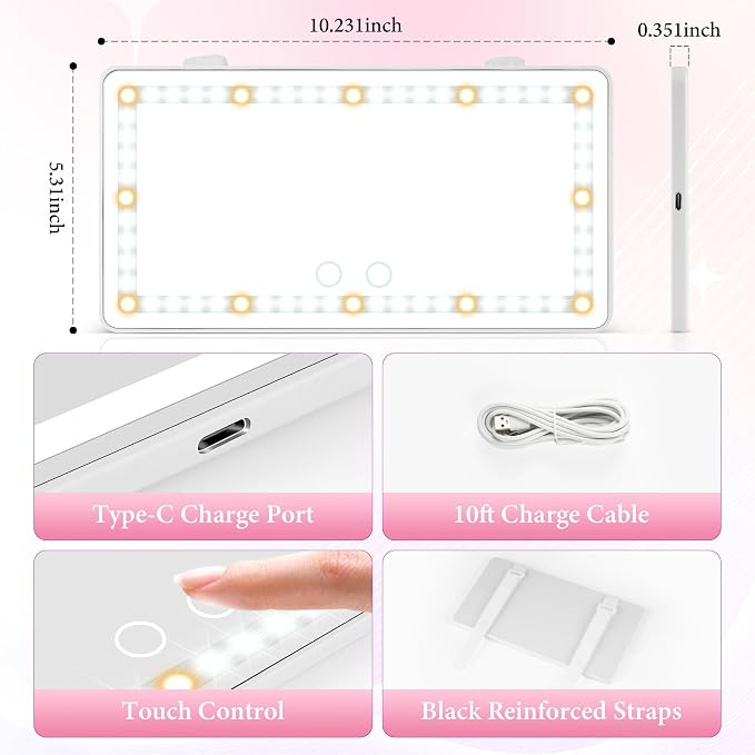 Car Sun Visor Vanity Mirror - Rechargeable Makeup Mirror with 60 LEDs, 3 Light Modes & Dimmable Touch Control for Cars, Trucks, SUVs, Car Interior Accessories for Women (White)