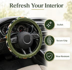 Universal 15inch Ethnic Style Baja Blanket Steering Wheel Cover with Coarse Flax Cloth and Sweat Absorption Anti Slip Car Wrap (Boho Green Leather 2)