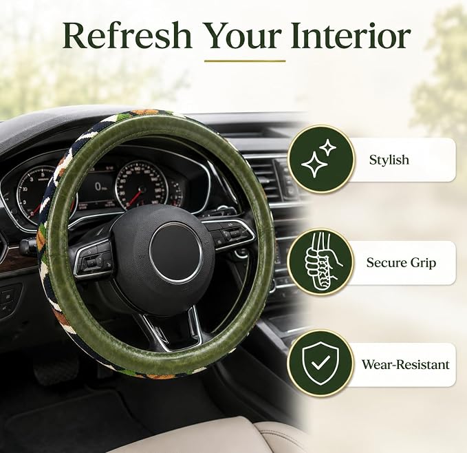Universal 15inch Ethnic Style Baja Blanket Steering Wheel Cover with Coarse Flax Cloth and Sweat Absorption Anti Slip Car Wrap (Boho Green Leather 2)