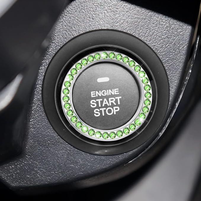 Bling Car Engine Start Ring Decals, 2PCS Crystal Rhinestone Vehicle Push Start Button Cover Sticker, Key Ignition Knob Ring, Sparkling Automotive Interior Accessories (Cyan)