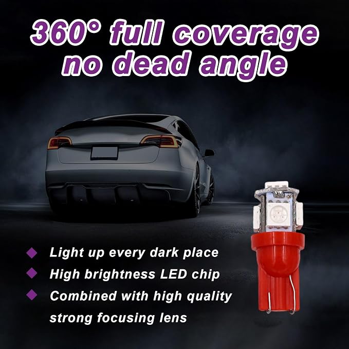 10 PCS Car Interior LED Light Bulb, T10 5050 5SMD LED Car Bulb Kit, Super Bright Automotive Led Replacement Bulbs for Dashboard Dome Map Door Courtesy License Plate Lights (Red)