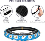 Daisy Steering Wheel Cover Daisy Blue Steering Wheel Cover Anti-Slip Breathable 15 Inch Universal 2 Pcs Car Interior Cup Holder Pad for Men Women