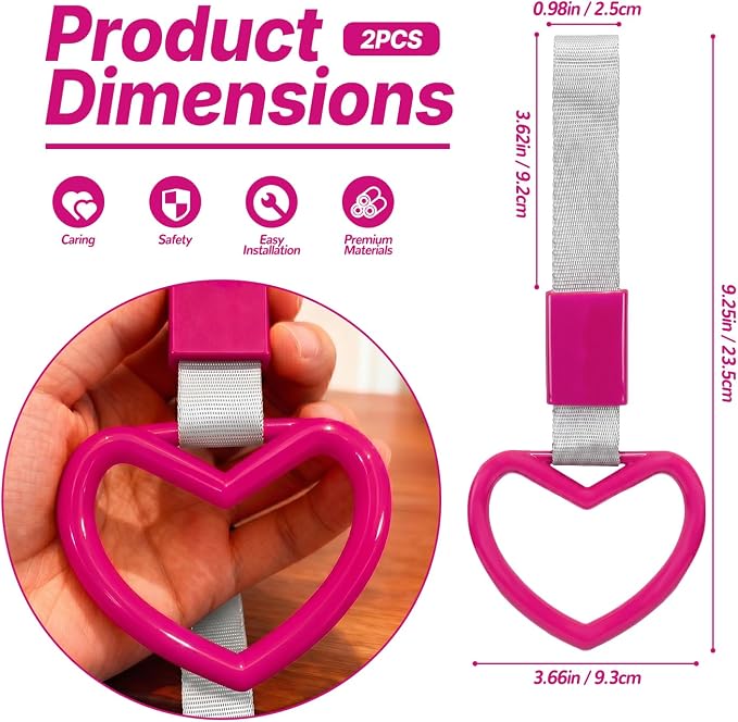 2 Pcs Heart Shaped Car Handle Strap – JD M Drift Charm Rear Bumper Warning Ring Decor for Car Interior Exterior, Subway Bus Handle Accessory, Cute Heart Car Decor Gift for Drivers (Hot Pink-Silver)