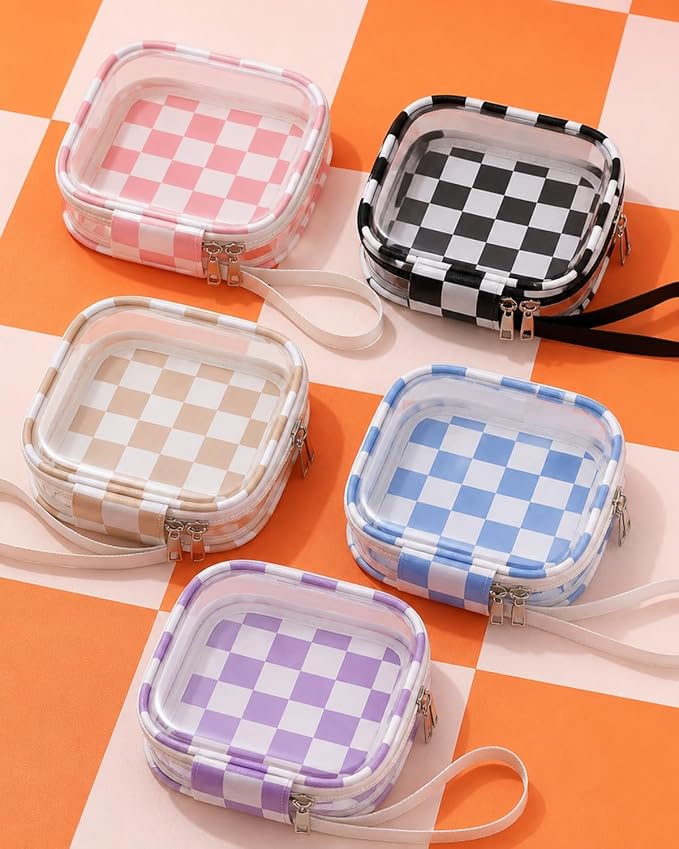 Preppy Clear Makeup Bag Travel Cosmetic Case Transparent Pink and Beige Checkered Toiletry Bag with Zipper,Portable Make Up Organizer Traveling Compact Pink Car Essentials for Girls