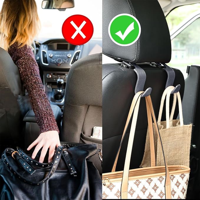 Car Seat Headrest Hook, 4 Pack Auto Seat Hanger Storage Organizer for Purse Handbag Coats Grocery Bags, Car Interior Accessories, Universal Vehicle Backseat Plastic Hanging Hook (Gray)