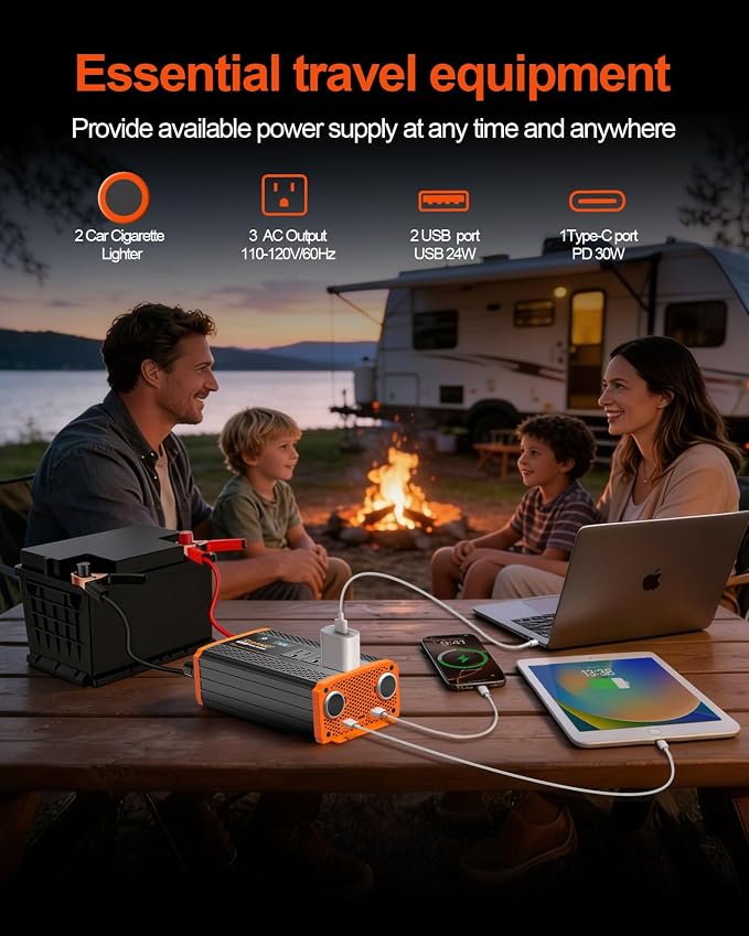 1000W Power Inverter for Vehicles, 12V DC to 110/120V AC Car Inverter with 3 AC Outlets, USB 24W/ PD 30W Fast Charger, Car Power Converter for Truck, Home, Laptop on Road Trip Essentials
