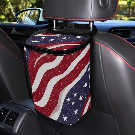American Flag Star Print Car Trash Can with Lid, 4th of July Leak Proof Auto Trash Bag Hanging Vehicle Garbage Can Multipurpose Storage Container for Back Seat Road Trip