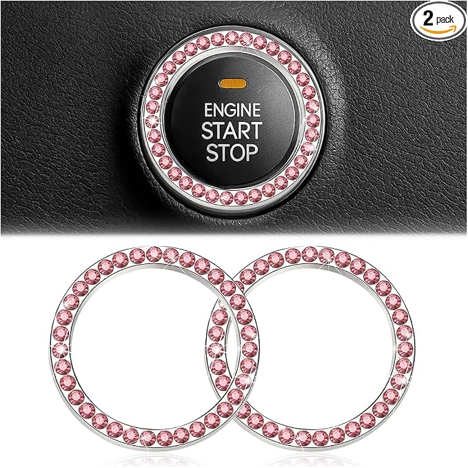 Bling Car Engine Start Ring Decals, 2PCS Crystal Rhinestone Vehicle Push Start Button Cover Sticker, Key Ignition Knob Ring, Sparkling Automotive Interior Accessories (Pink)