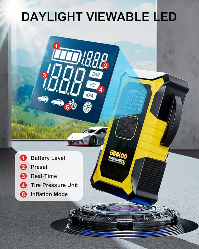 A3 Jump Starter with Air Compressor, 3000A Portable Car Battery Jumper Starter (9.0L Gas/6.5L Diesel) with 150PSI Auto-Shutoff Tire Inflator, 12V Supersafe Lithium Jump Box Car Booster, Yellow