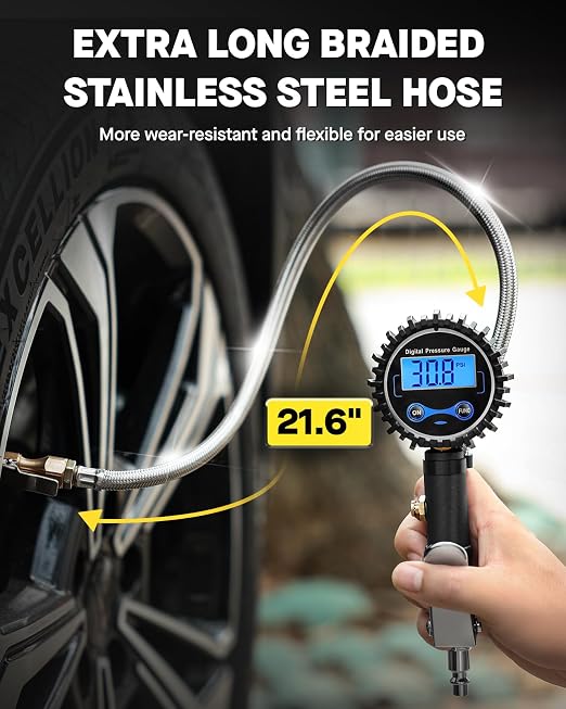 Digital Tire Inflator with Pressure Gauge 200 PSI - Large 2" Digital Dial, Heavy Duty Air Chuck and Compressor Accessories with Tire Tread Depth Gauge and Quick Connect Coupler Car Accessories
