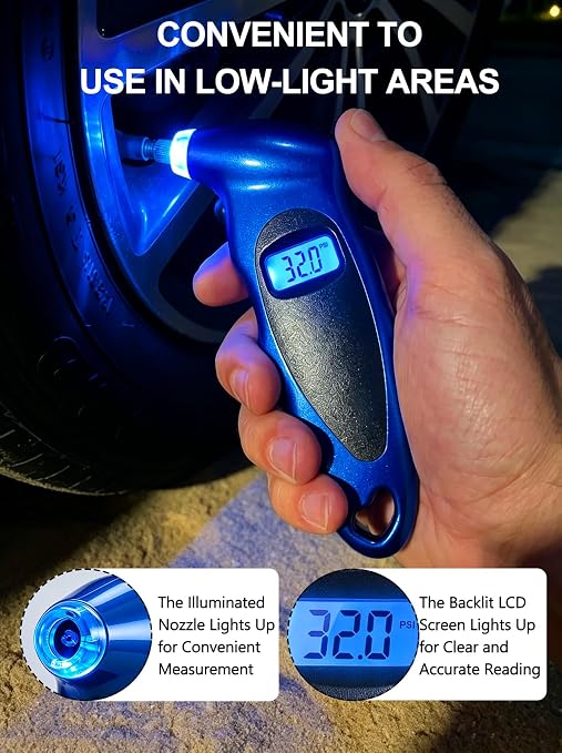 Digital Tire Pressure Gauge 150 PSI, Accurate in 0.1 Increments,1 Pack Tire Pressure Gauge with Backlight LCD, 4 Units (PSI/Bar/Kgf/cm²/KPA) Applicable to Car Truck Bicycle, Blue