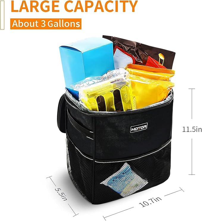 3 Gallons Car Trash Can, Ultra Large Capacity Organizer and Storage with Adjustable Straps & Magnetic Snaps, Waterproof Car Accessory for Interior Car Stuff Storage, Black