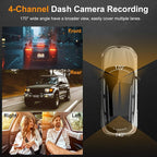 4 Channel 1080P Dash Cam Front Rear Left Right, 170° Wide Angle Car Camera with 5GHz WiFi App Control, Super Night Vision, 24H Parking Monitor, G-Sensor, Loop Recording, 64GB SD Card Included