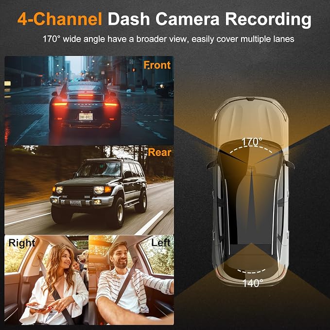 4 Channel 1080P Dash Cam Front Rear Left Right, 170° Wide Angle Car Camera with 5GHz WiFi App Control, Super Night Vision, 24H Parking Monitor, G-Sensor, Loop Recording, 64GB SD Card Included