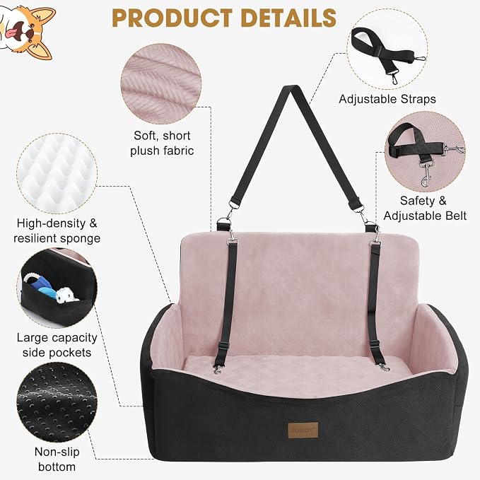 Dog Car Seat for Large Medium Sized Dogs Under 55 lbs, Dog Booster Seat for 2 Small Dogs with Detachable Washable Cover, Memory Foam Pet Car Seat with 2 Safety Belts and Storage Pockets