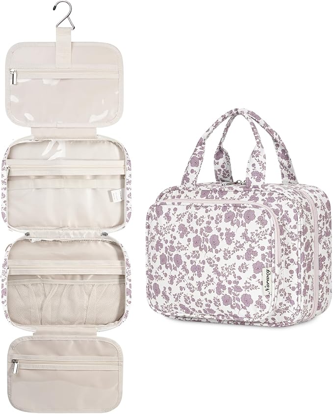 Hanging Floral Toiletry Bag for Women Travel Makeup Bag Organizer Toiletries Bag for Travel Size Essentials Accessories Cosmetics (Dusty Pink Flower (Medium))
