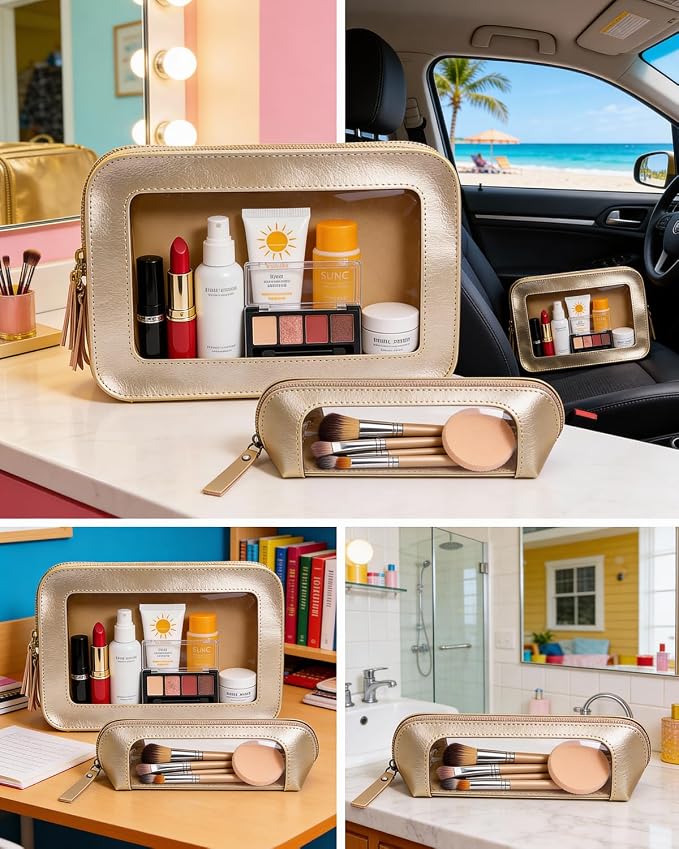 2Pack Clear Makeup Bags, Makeup Pouch for Purse Slim Make Up Brush Bag for Girls Car Accessories Essentials for Women(2Pack-Gold Set)