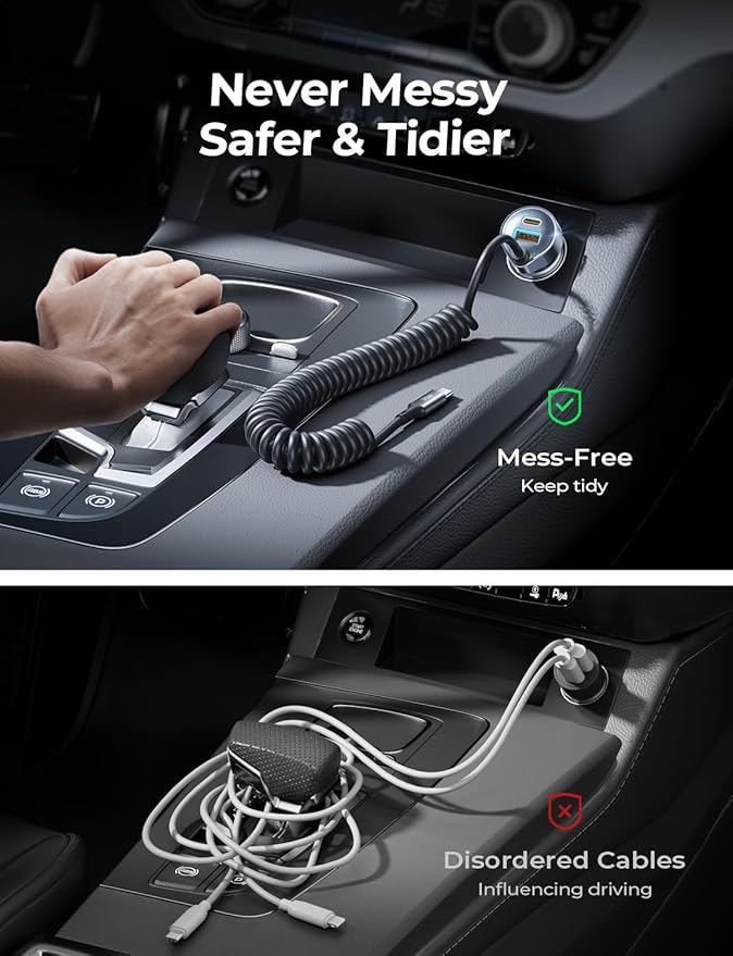 Car Charger with 45W Built-in USB-C 36 inch Coiled Cable, 90W Multi-Port Fast Charging Cigarette Lighter Adapter for iPhone 17/16/15 Pro Max, Samsung Galaxy S26 Ultra, Black | Car Charger USB C Fast Charge Adapter,Super Fast for Men Women, Car Ac...