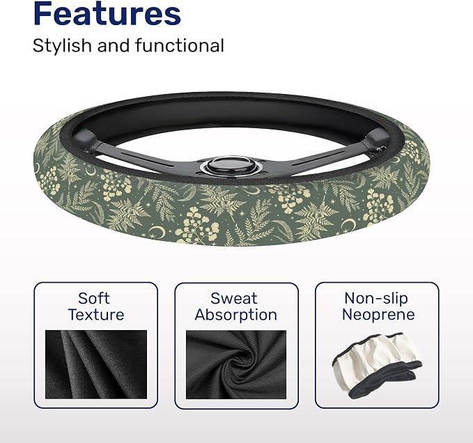 Dark Cottagecore Botanical Steering Wheel Cover, Non-Slip Polyester Wheel Grip, Universal 15 Inch Car Accessory