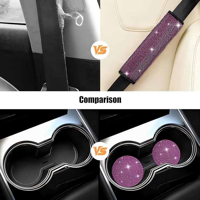 11PCS/Set Bling Car Accessories Set for Women, Rhinestone Vehicle Steering Wheel Cover Seat Belt Cushion Gear Shift Protector Cup Holder Coaster, Universal Automotive Accessories (Pink)