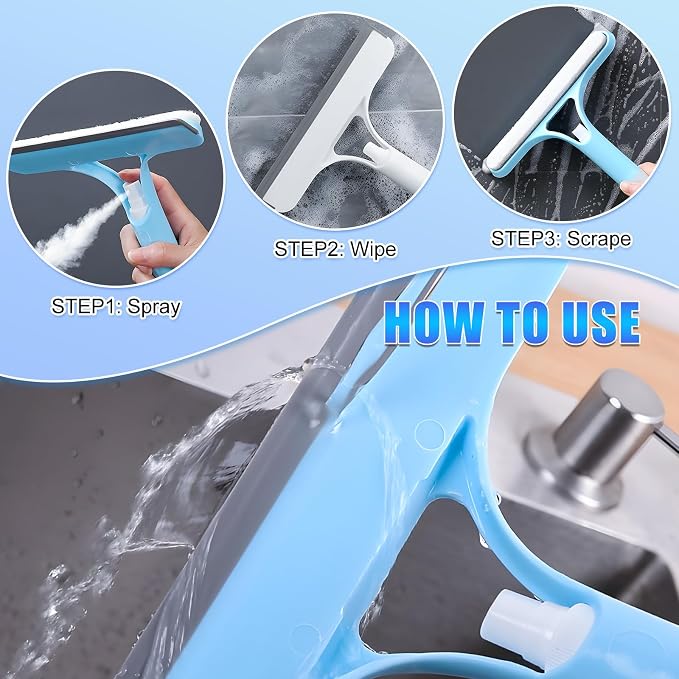 3 in 1 Window Cleaning Scraper,New 3 in 1 Window Cleaner,Squeegee and Scrubber with Spray, for Windows, Walls,Car Windshields, Bathrooms, Kitchens, All-Purpose Window Cleaner Tool (White/Blue)
