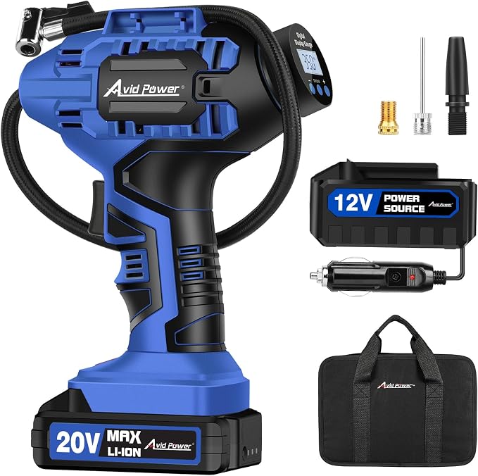 Cordless Tire Inflator Portable Air Compressor, 20V Rechargeable Battery Tire Pump w/ 12V DC Power Adapter, Digital Pressure Gauge, Auto Air Pump for Many Inflatables (Blue)