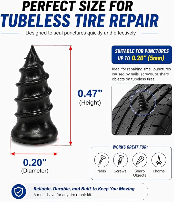 Roadside Emergency Tire Repair kit - 60pcs Tire Repair Screws, Easy Screw in Tire Plugs for Car Bycicle, No-Removal Rubber Tire Plug Screws Kit for Tubeless - Screwdriver, Pliers & Storage Case