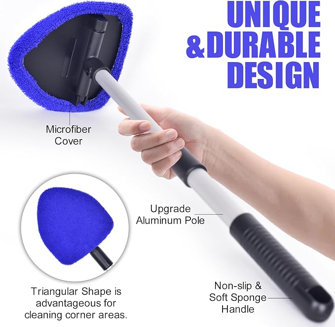 Windshield Cleaner Car Windshield Cleaning Tool with 3 Reusable, Washable Microfiber Pads and Extendable Handle Microfiber Car Window Cleaner