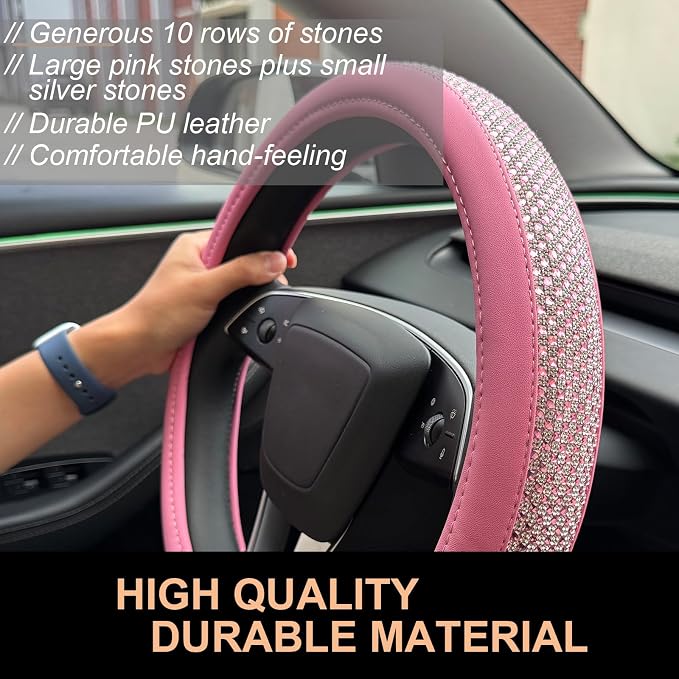 D Shaped Bling Comfy Steering Wheel Cover with Jumbo Crystal Rhinestones, Anti-Slip Diamond Leather, Flat Bottom 14.5-15 Inch (All Pink)