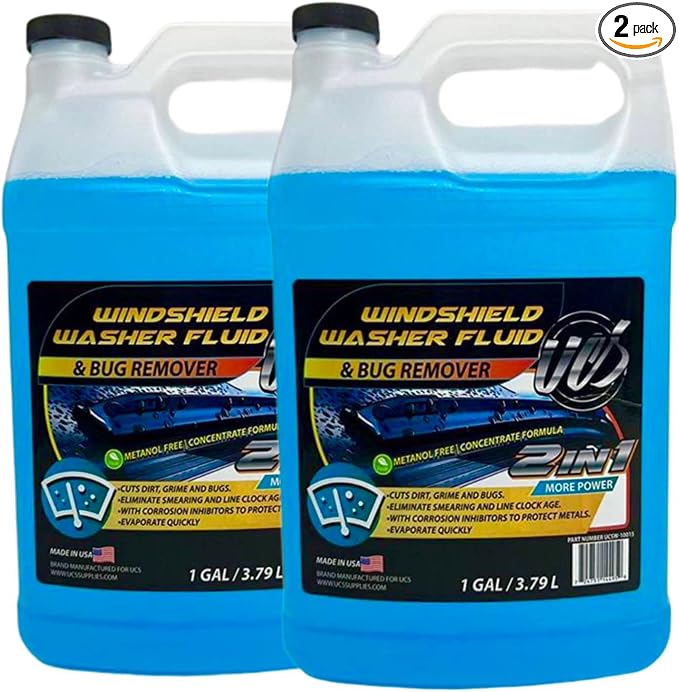 2-in-1 Windshield Washer Fluid 2-Pack (1 Gallon Each, 256 fl oz Total) – Ready to Use, Streak-Free Formula, All-Weather Cleaning, Removes Bugs, Dirt & Road Grime – Premium Windshield Cleaner