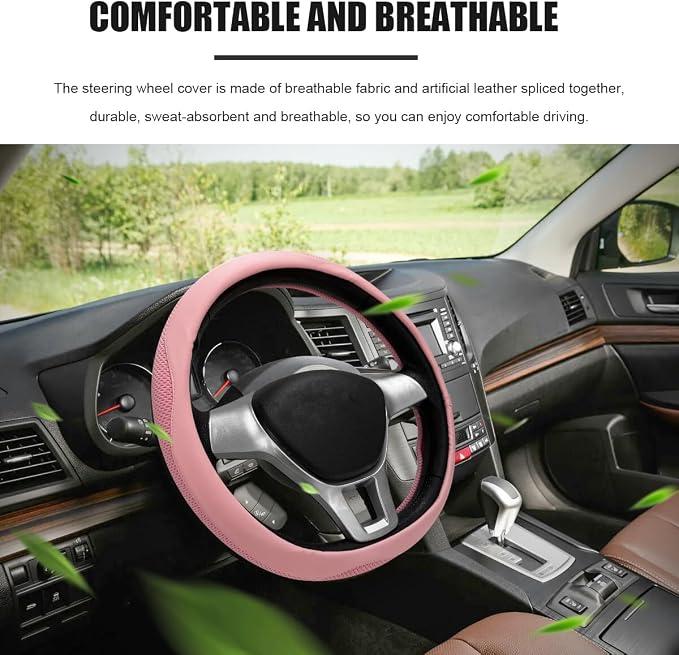 Car Steering Wheel Cover, Leather Breathable Ice Silk Auto Wheel Wrap with Anti-Slip Lining, Scratch-Resistant Elastic Protector Fit for 14.5-15 Inch Steering Wheels (Pink)