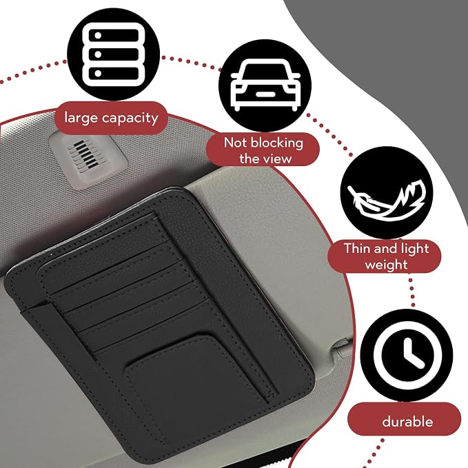 Car Sun Visor Organizer, Multifunctional Auto Visor Document Holder with Sunglasses Clip, Universal Car Interior Accessories Organizer for Drving License, Card, Pen (Black)