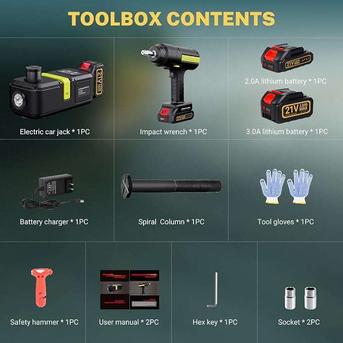 Cordless Electric Hydraulic Car Jack Kit 5 ton with Lithium Battery Includes Cordless Impact Wrench Rechargeable Touchscreen Jack All-in-One Portable Tool kit for Efficient Car Maintenance
