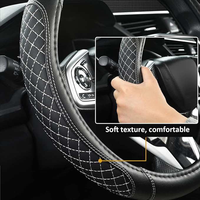 Flat Bottom Car Steering Wheel Cover for Nissan,D Shaped Steering Wheel Cover for Rogue,Altima,Kicks (Diamond Quilted-Black+Gray-Standard Size)