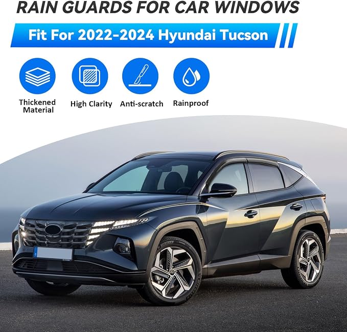 4pcs Smoke Tint Sun Rain Guard Vent Window Visors Compatible with 2022-2024 Hyundai Tucson, Outside Mount Tape On Style Acrylic Set of 4 Front+Rear