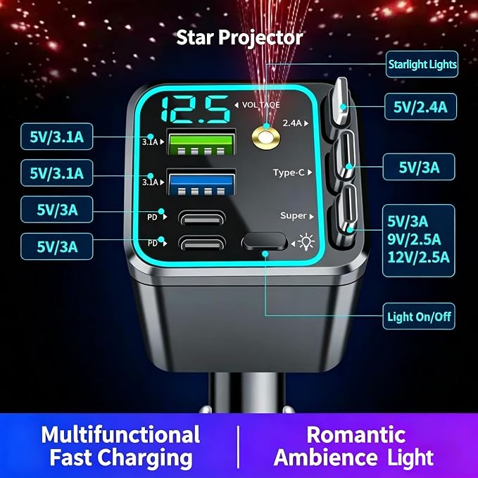 7 in 1 Retractable Car Charger,102W Star Lights Fast Charging Car Charger | Car Charger USB C,Car Accessories,Voltage Smart Display,3 Retractable Cables for iPhone 17 Pro/16/15/14,Galaxy S26,Pixel 10