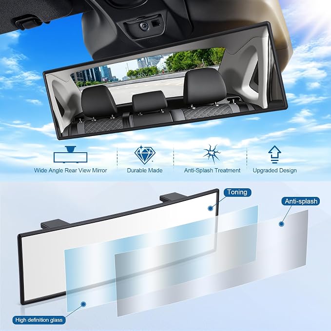 Interior Rearview Mirrors, 10 Inch Universal Panoramic Car Rear View Mirror Accessories, Wide Angle Reduce Blind Spot Effectively for Car, Jeep, Truck, Motorcycle, Tractor, ARB, ATV, SUV, RV