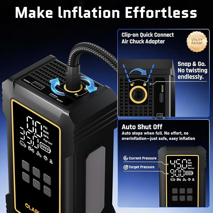 Powerful 12000mAh Heavy Duty Tire Inflator Portable Air Compressor, 7X Faster, 150PSI Dual Power 12V&Cordless Air Pump for Car Tires, Pickup Trucks, Jeeps, SUVs & RVs. Digital Pressure Gauge