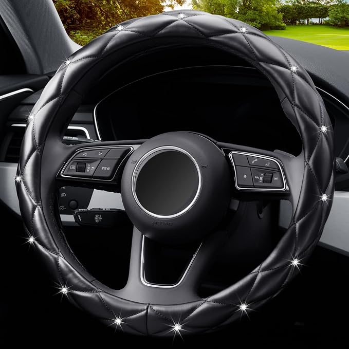 Diamond Soft Leather Anti-Slip Steering Wheel Cover with Bling Bling Crystal Rhinestones, Universal 15 Inch for Women Girls, Fit Vehicles, Sedans, SUVs, Vans, Trucks - Black