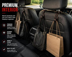 Car Headrest Hooks 4-Pack, Leather Wrapped Seat Hangers with Red Stitching | Metal Core, Holds Purses and Groceries, Universal Fit, Scratch Resistant, Space Saving, Heavy Duty