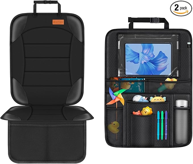 2-in-1 Car Seat Protector & Kick Mat with iPad Holder - Kids Backseat Organizer with Touchscreen Pocket, Storage Pockets & Waterproof Cover for Child Safety and Mess-Free Rides